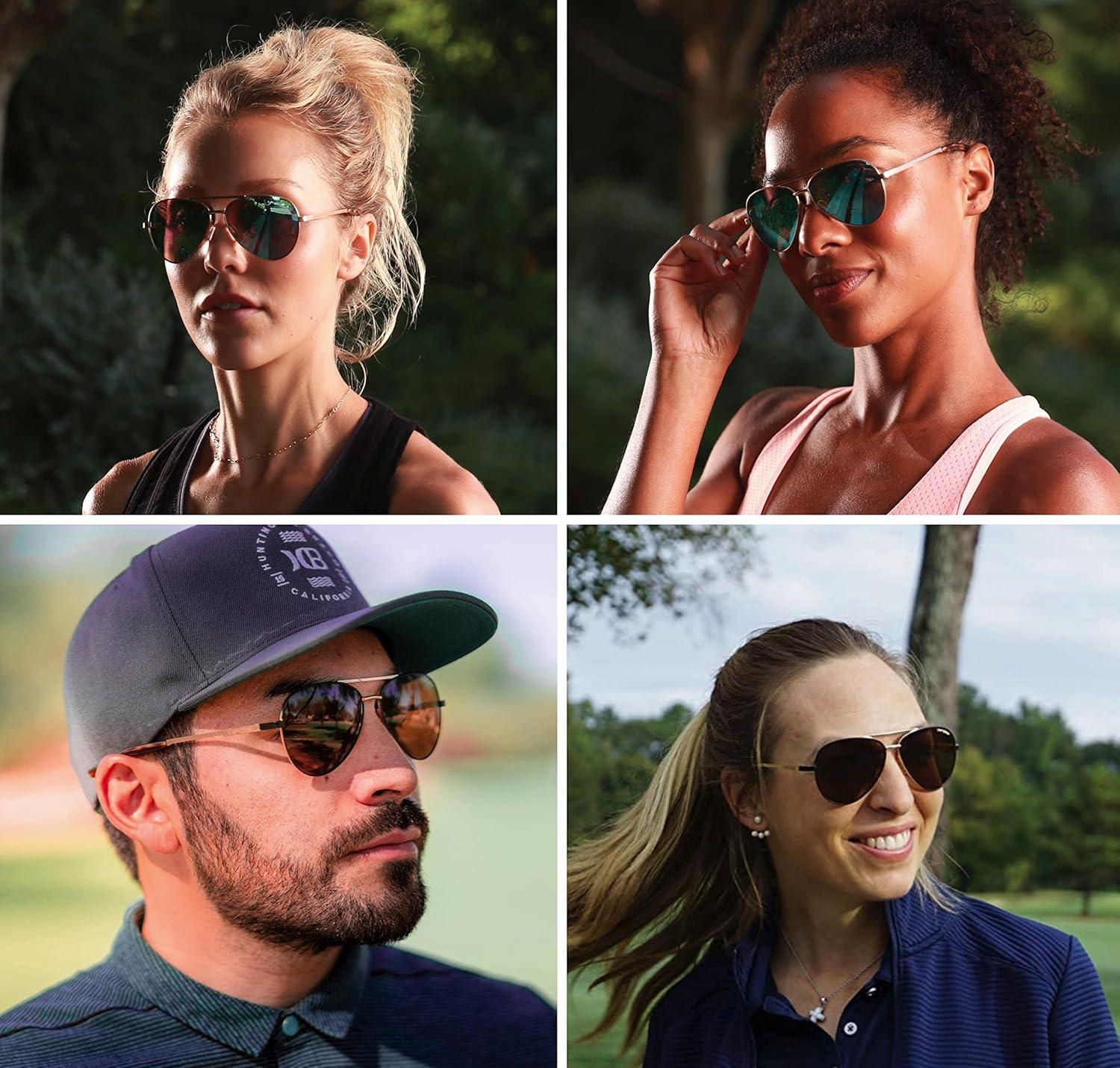 imageShwae Tangle Free Aviator Sunglasses For Men ampamp Women Ideal For Flying Golf Hiking Running and Great Lifestyle LookGold Smoke Bright Blue Lens