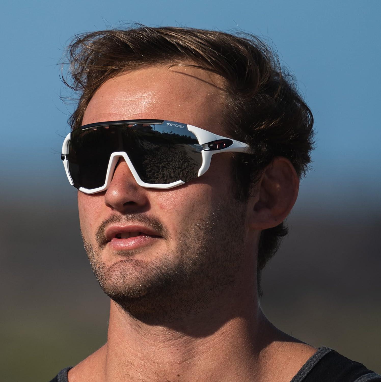 imageTifosi Sledge Cycling Sunglasses Unisex wInterchange ampamp Photochromic Lens OptionsFor Road Gravel MTB ampamp BaseballMatte White SmokeAc RedClear Lenses